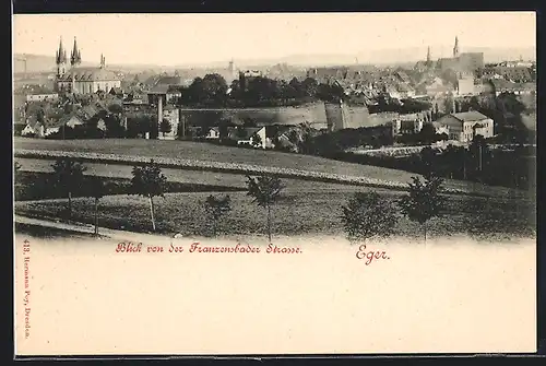 AK Eger, Blick von der Franzensbader Strasse mit Kirche
