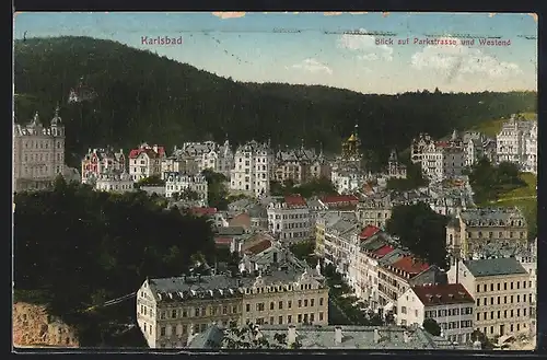 AK Karlsbad, Blick auf Parkstrasse und Westend