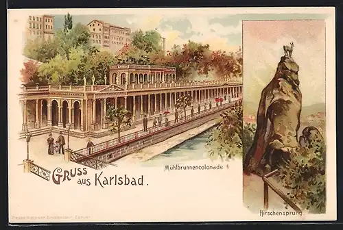 Lithographie Karlsbad, Hirschensprung, Mühlbrunnen-Colonade