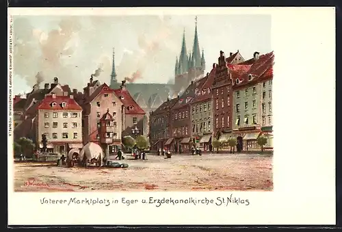 Lithographie Eger, Unterer Marktplatz und Erzdekanalkirche St.Niklas