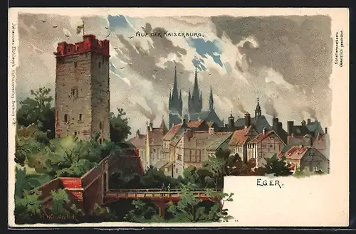 Lithographie Eger, Ansicht der Kaiserburg