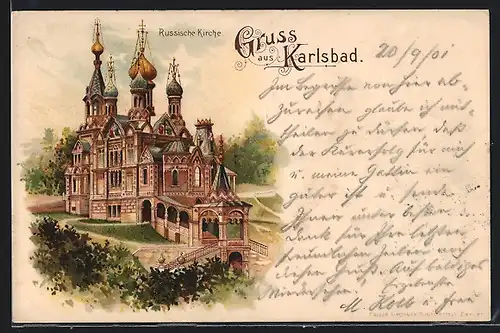 Lithographie Karlsbad, Russische Kirche mit Umgebung