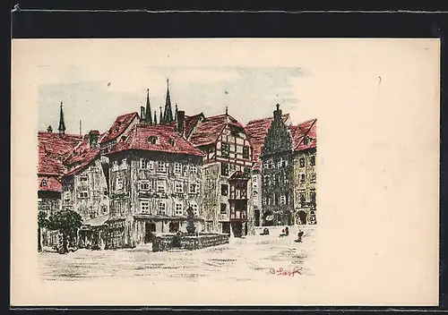 Künstler-AK Eger, Marktplatz mit Brunnen