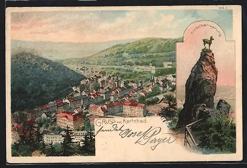 Lithographie Karlsbad, Hirschensprung, Ortsansicht aus der Vogelschau