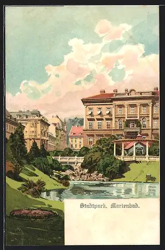 Künstler-Lithographie Marienbad, Partie im Stadtpark