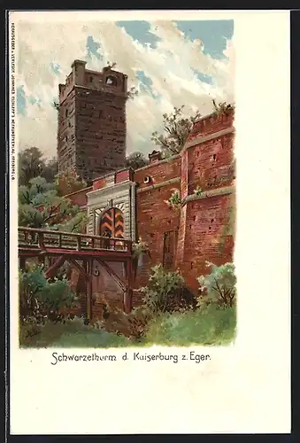 Lithographie Eger, Kaiserburg, Ansicht vom Schwarzethurm