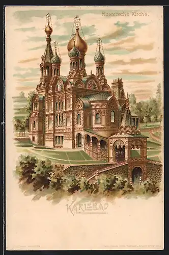 Lithographie Karlsbad, Russische Kirche mit Anlage