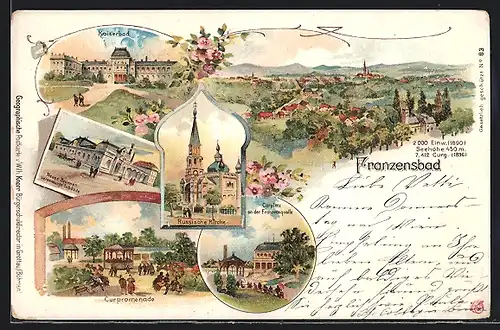 Lithographie Franzensbad, Russische Kirche, Kaiserbad, Curplatz an der Franzensquelle