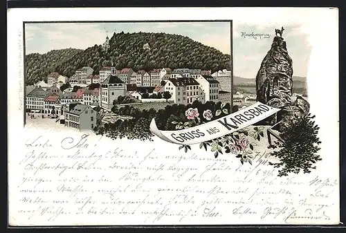 Lithographie Karlsbad, Hirschensprung, Ortsansicht