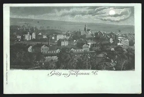 Lithographie Falkenau a. E., Blick über die Stadt in einer Vollmondnacht