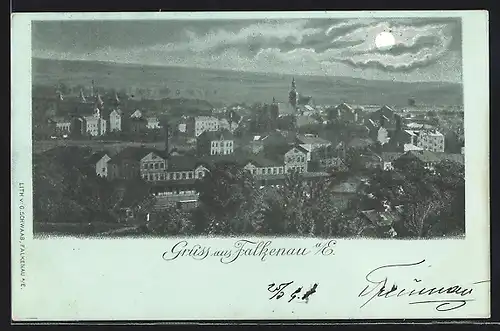 Lithographie Falkenau a. E., Blick über die Stadt in einer Vollmondnacht