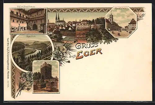 Lithographie Eger, Totalansicht, Marktplatz, Hof mit Stadthaus, schwarzer Turm