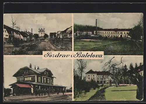 AK Batelov, Kirche, Bahnhof, Ortspartie