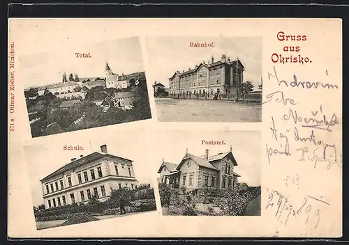 AK Okrisky, Totalansicht, Bahnhof, Schule, Postamt