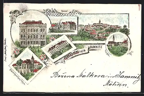 Lithographie Jamnitz, Schloss, Kirche St. Jakob, Bahnhof