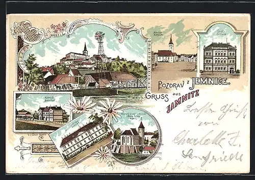 Lithographie Jemnice, Nadrazi, Zamek, Namesti