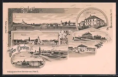 Lithographie Horni Cerekev, Zamek, Parni pila, Neuwirth, Hotel Svoboda