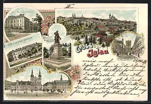 Lithographie Iglau, K. k. Landwehrkaserne, Minoritenkirche und Frauentor, Kaiser Josef-Denkmal