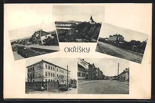 AK Okrísky, Gebäudeansicht aus der Vogelschau, Blick in eine Strasse