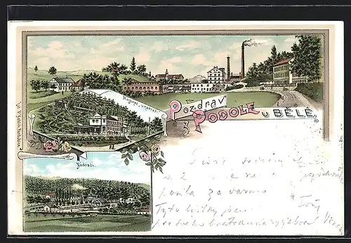 Lithographie Bela P. B.-Podoli, Nádrazi, Hostinec u nádrazi, Panorama