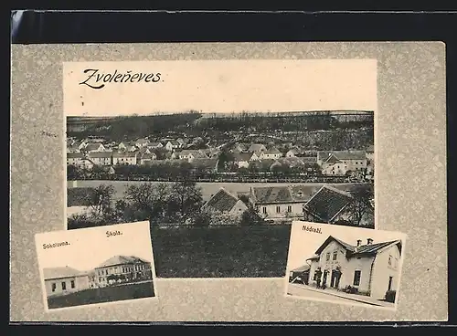 AK Zvoleneves, Bahnhof, Schule, Gesamtansicht