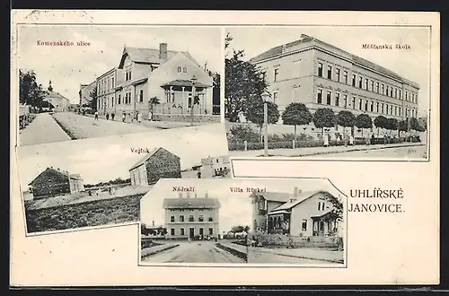 AK Uhlírské Janovice, Komenského ulice, Mestanská skola, Vejfuk, Nádrazí, Villa Rückel