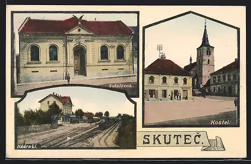 AK Skutec, Sokolovna, Kostel, Nádrazí, Bahnhof