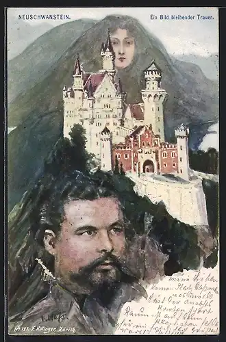 Künstler-AK Fritz Hass: Neuschwanstein, König Ludwig II., vermenschlichte Berge, Berggesichter