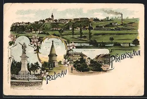 Lithographie Pribyslav, Pomnik Zizkuv, Namesti s parkem, Panorama