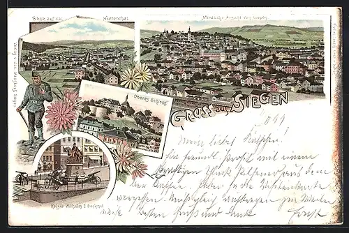 Lithographie Siegen, Blick auf das Hüttenthal, Bergmann, Nördliche Stadtansicht