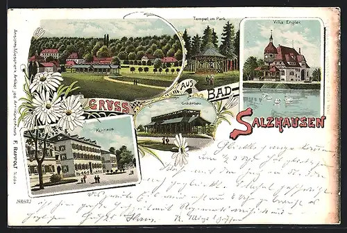 Lithographie Bad Salzhausen, Kurhaus, Villa Engler, Tempel im Park