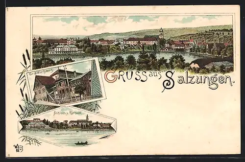 Lithographie Salzungen, Gradirhaus, Schloss und Kurhaus, Ortsansicht