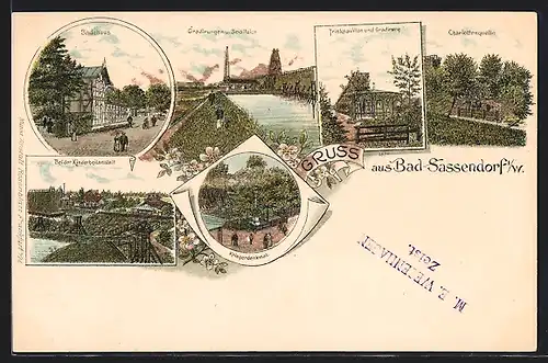 Lithographie Bad Sassendorf i. W., Trinkpavillon, Charlottenquellen, Badehaus