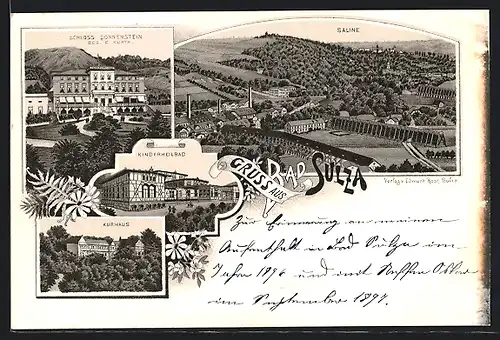 Lithographie Bad Sulza, Kurhaus, Kinderheilbad, Saline, Schloss Sonnenstein