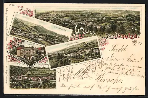 Lithographie Stadtsulza, Salinenwerke, Dorf u. Berg-Sulza, Kinderheilbad