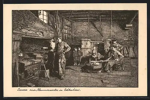 Künstler-AK Eschbachtal, Inneres eines Hammerwerkes mit Arbeitern, Bergbau