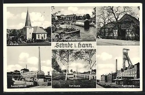 AK Sehnde i. Hann., Partie am Kanal, Kirche, Schleuse, Zuckerfabrik, Salzbergwerk