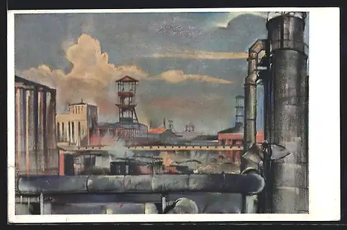 Künstler-AK Kohlscheid-Aachen, Eschweiler Bergwerks-Verein, Maria-Mine Reserveschacht, Kohlebergbau