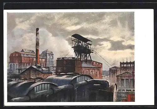 Künstler-AK Kohlscheid, Blick auf das Kohle-Bergwerk, Eschweiler-Bergwerksverein