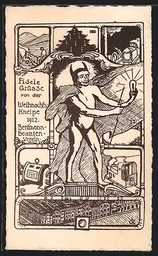 Künstler-AK Berlin, Weihnachtskneipe Bergmann-Beamten-Verein 1912, Teufel, Weihnachtsbaum