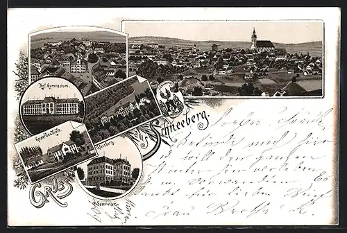 Vorläufer-Lithographie Schneeberg, 1895, Gewerbeschule, Gleesberg, Gymnasium, Gesamtansicht