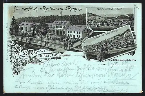 Mondschein-Lithographie Niederschlema, Panorama-Restaurant, Ortsansicht, Ortsansicht Schneeeberg
