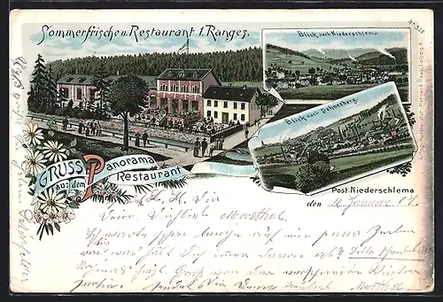 Lithographie Niederschlema, Panorama Restaurant, Blick nach Schneeberg