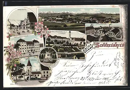 Lithographie Bad Schussenried, Marktplatz, Rat- & Schulhaus, Torhaus, Kaiserstein