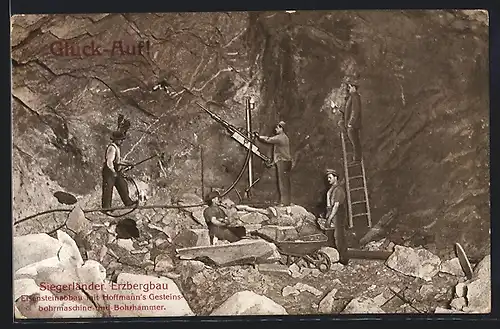 AK Bergbau im Siegerland, Arbeiter beim Eisensteinabbau mit Hoffmann`s Gestein-Bohrmaschine