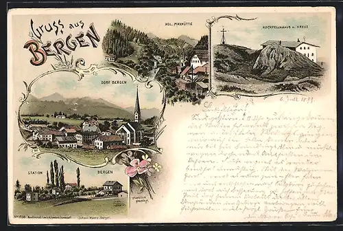 Lithographie Bergen, Kgl. Maxhütte, Station, Dorf Bergen