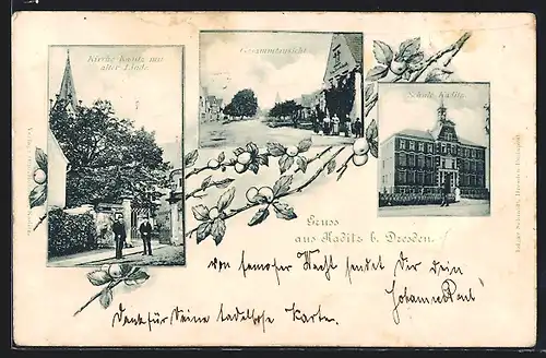 AK Kaditz b. Dresden, Kirche mit alter Linde, Gesamtansicht, Schule