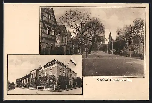 AK Dresden-Kaditz, Gasthof Dresden-Kaditz F. Hantzsch, Strassenpartie mit Kirche