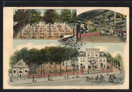 Lithographie Dresden-Pieschen, Gasthaus Deutscher Kaiser an der Leipziger Strasse 112, Garten & Saal