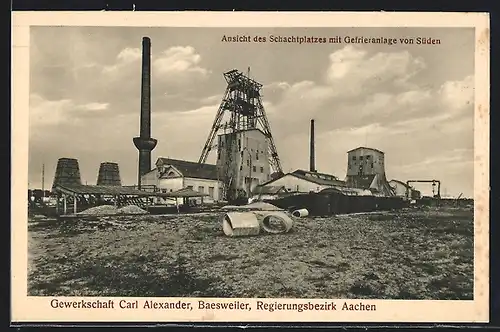 AK Baesweiler /Bez. Aachen, Gewerkschaft Carl Alexander, Ansicht des Schachtplatzes mit Gefrieranlage von Süden